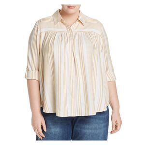 CUPIO BLUSH Womens Ivory Curved Hem Roll-tab Sleeve Button Up Top Plus 1X